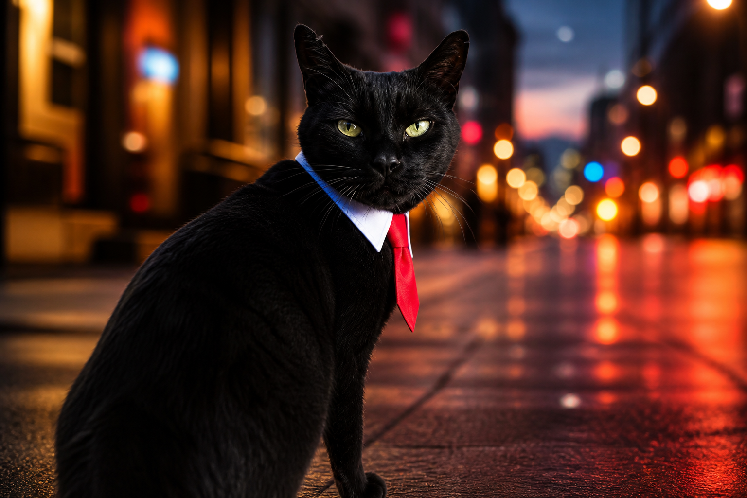Pépito in the city at dusk, white collar and red tie